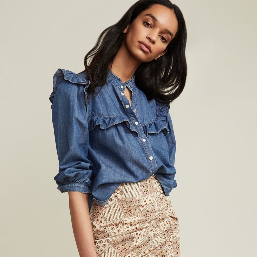 Veronica Beard Blue Ruffle-Trim Denim Blouse